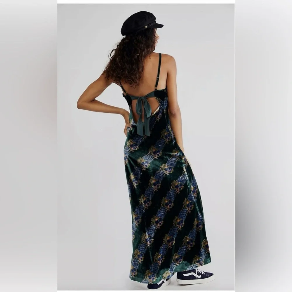 Free People‎ Floral Velvet Maxi Slip Dress Green Black Size XS